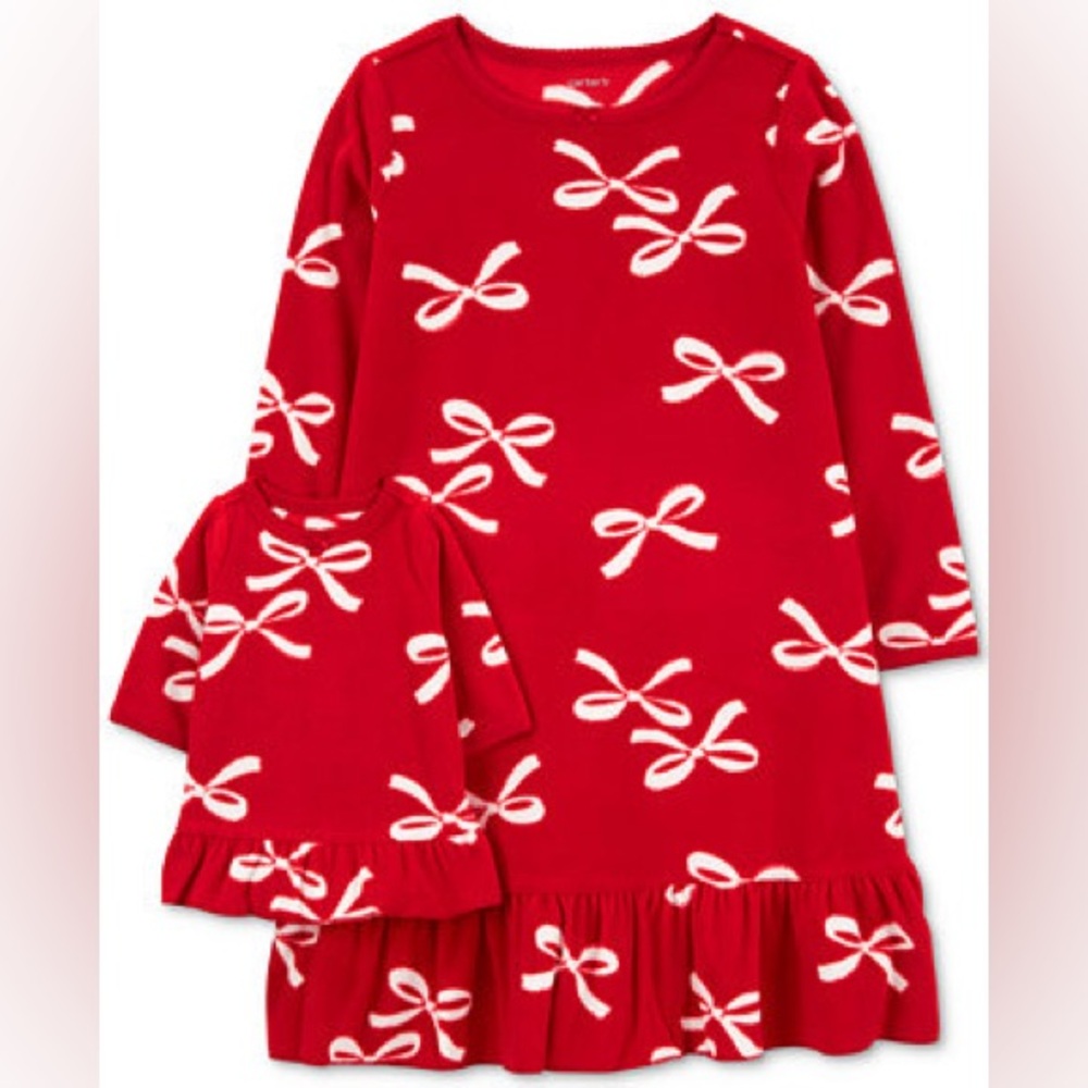 Carter’s Matching Doll & Girls Nightgown Red Bow Fleece Pajamas 8-10